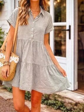 ON HOLD --- Tahari Blue 100% Linen Tiered Babydoll Mini Dress Short Sleeve Small